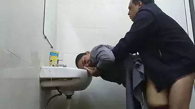 Wife in abroad fucked by office manager in washroom